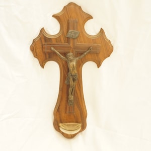 Antique French Crucifix, Jesus Christ, Cross, with a glass water stoup, Religious wall decor