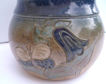 Handmade Blue Ceramic Pitcher: French Pottery, Floral Design (0.5L)