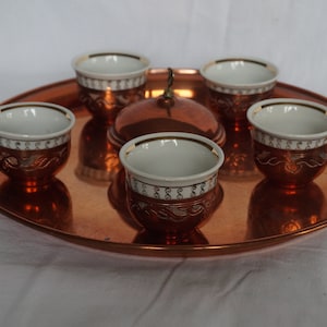 Vintage Copper Coffee   Set : 5 Cups , 1 Sugar Bowl and a Serving Tray