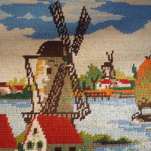 A village by the water with its windmill, French Canvas Tapestry, Wall Hanging, Wall Decoration 60&#39;s