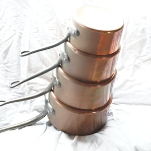 Set of 4 French copper saucepans, 1960s
