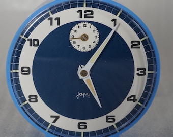 French Vintage Japy Mechanical Alarm Clock. Blue alarm clock. Made in France 1970s.