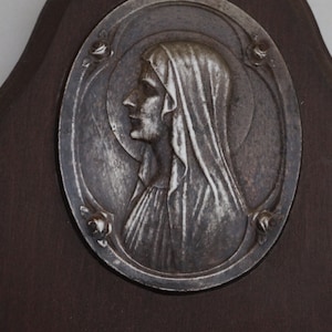 French vintage benitier, Holy water font, Ste Bernadette medal, Holy water font wall