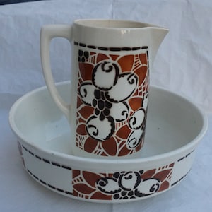 Antique French  Toilet Set.  Bathroom decor. Vintage Terre de Feu Bowl and toilet pitcher.