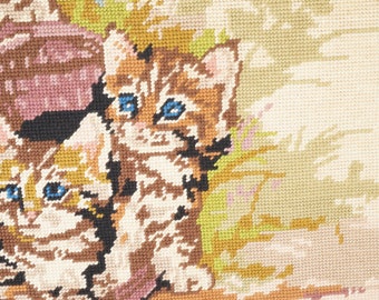 Cats Framed Canvas, French Canvas Tapestry, Wall Hanging, Wall Decoration 70's. Finished Needlepoint
