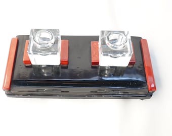 Conjunto de suporte de mesa para tinteiro duplo da década de 1930 em baquelite