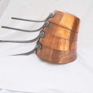 Set of 4 Hammered  Copper Saucepans, Made in France