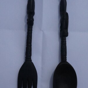 African Art Vintage Wooden Hand Carved Spoon and Fork