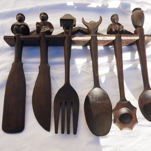 African Art, Set of 6 vintage wooden spoon and fork, 1960s