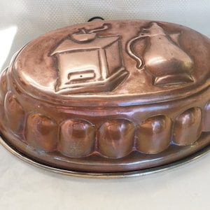 Antique Oval Copper Cake Mold,  Copper Lined cake pan, Decorate with a coffee maker and a coffee grinder