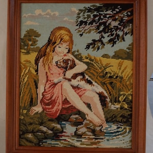 Tapestry/Needlepoint Canvas,A little girl with her dog , Finished Needlepoint