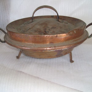 Olla Tourtiere antigua francesa de cobre con tapa - Siglo XVIII