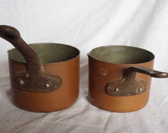 【ひげ】1950年代　ヴィンテージ銅鍋　20cm　ソトゥーズ 注ぎ口付きフランス製ヴィンテージ錫メッキ銅鍋 2個セット、1950年代