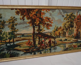 Framed French Country Needlepoint Tapestry: "Les Lavandieres" Wall Hanging