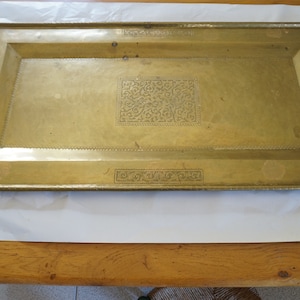 Extra large Antique yellow copper  serving tray, 35.43&quot; long, 1950&#39;s