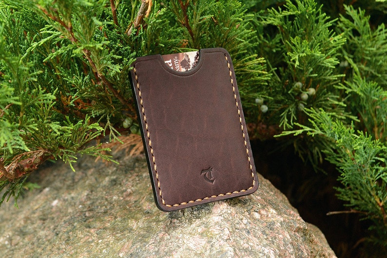leather card sleeve card holder wallet dark brown minimal