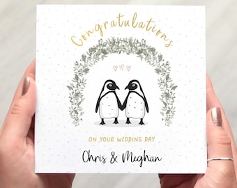 Personalised Wedding Card with penguins, perfect newlyweds card, celebrate their wedding day, gender neutral and suitable for all couples