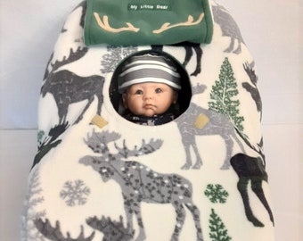Car Seat Cover Great Outdoors Cabin Dear in Aspen Baby n Green Fleece Lining Cozy Hand Made Infant Custom Embroidery My Little Dear Antlers