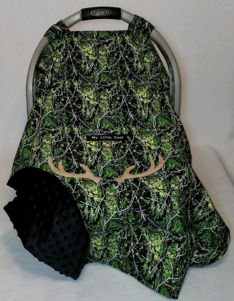 Car Seat Canopy Muddy Orange Cotton Camo Baby /& Blaze Orange Minky Dot Lining Cozy Hand Made Infant Custom Embroider My Little Dear Antlers