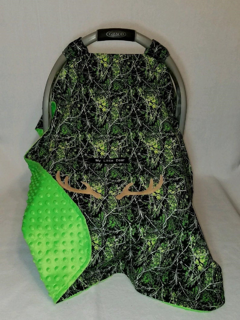 Car Seat Canopy Muddy Orange Cotton Camo Baby /& Blaze Orange Minky Dot Lining Cozy Hand Made Infant Custom Embroider My Little Dear Antlers