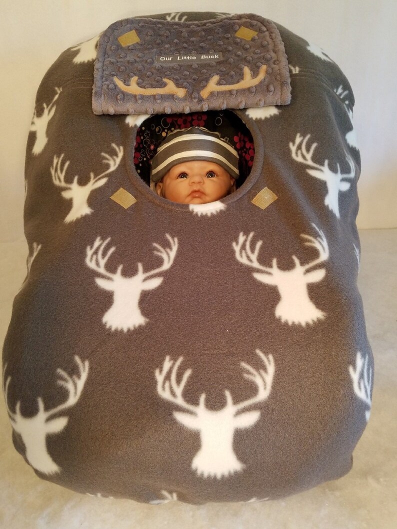 Car Seat Cover Gray Buck Baby Cozy Pink Fleece Custom Embroidery Infant Carrier