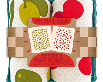 Cocktail Hour - Dish Towel Set of 2, Gift Set, Kitchen Tea Towel Set, Housewarming Gift