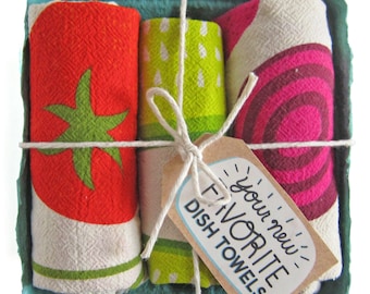 Farmers Market - Dish Towel Set of 3, Gift Set, Kitchen Tea Towel Set, Housewarming Gift