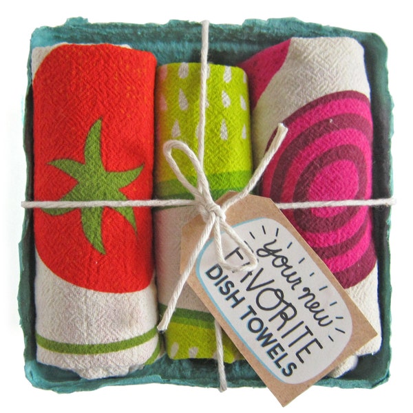 Farmers Market - Dish Towel Set of 3, Gift Set, Kitchen Tea Towel Set, Housewarming Gift