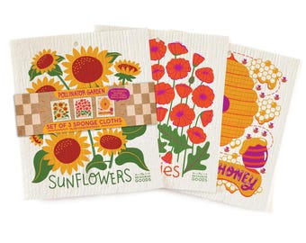 Pollinator Garden Dishcloths 3-Pack: Reusable, Compostable, Plastic-Free Cleaning Cloths