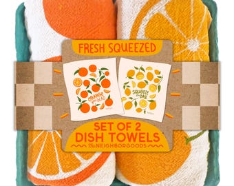 Fresh Squeezed Dish Towel Set: 100% Cotton Kitchen Tea Towels Orange, Lemon - Kitchen Gift