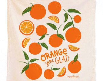 Oranje fruittheedoek: katoenen keukenhanddoek met zeefdruk