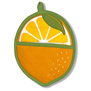 May include: Orange-shaped pot holder with a green border and leaf. The pot holder features a bright orange exterior with white and yellow segments, and a green loop for hanging. The design resembles a slice of citrus fruit.
