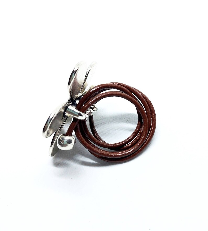 Leather Ring, Flower Ring, Zamak Ring, Adjustable Ring, Modern Ring, Brown Leather, Flower, Women Gift, Gift Her, Gift Idea, Christmas Gift image 2