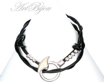 Collier Cuir, Collier Zamak, Collier Noir, Collier Argent, Cuir Noir, Collier Moderne, Collier Double, Cadeau Femme, Idée Cadeau, Cadeau Noël