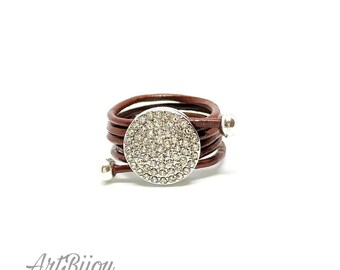 Leather Ring, Crystal Ring, Metal Ring, Adjustable, Modern Ring, Brown Leather, Women Gift, Gift Her, Gift Idea, Christmas Gift, Present