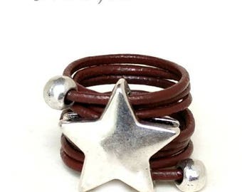 Leather ring, Adjustable Ring, Zamak Star Ring, Women Ring, Modern, Brown Leather, Women Gift, Gift Idea, Gift Her, Him, Valentines Gift