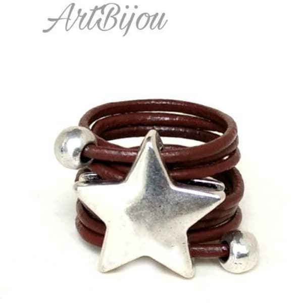 Anillo Cuero, Anillo Ajustable, Anillo Estrella, Cuero Marrón, Anillo Mujer, Moderno, Regalo Mujer, Idea Regalo, Regalo Ella, San Valentín