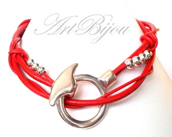 Leather Necklace, Zamak Necklace, Red Leather Necklace, Silver Necklace, Modern Necklace, Women Gift, Gift Her, Gift Idea, Christmas Gift
