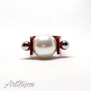 Pearl Ring, Leather Ring, White Pearl, Red Leather, Modern Ring, Red Ring, Women Ring, Women Gift, Gift for Her, Gift Idea, Christmas Gift