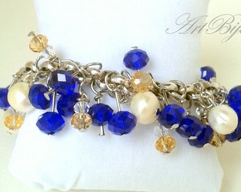 Bracelet Zamak, Bracelet Perle, Bracelet Cristal, Bracelet Bleu Foncé, Cristal Doré, Moderne, Cadeau Femme, Idée Cadeau, Cadeau Noël