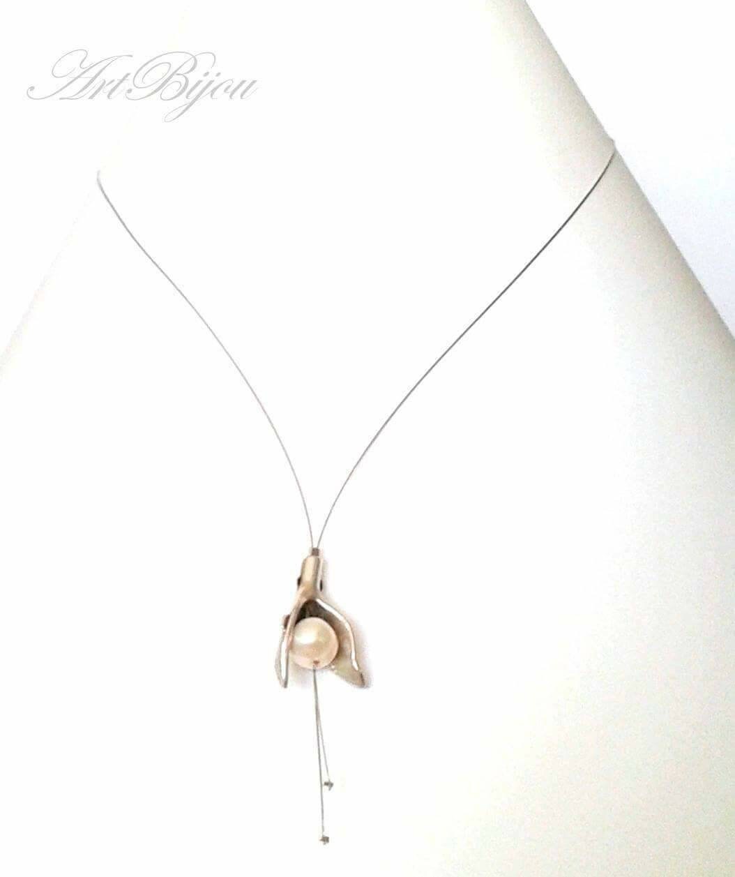 Steel Necklace, Pearl Necklace, Sterling Silver Necklace, Lily Pendant, Modern, Elegant, Gift Her, Women GIft, Gift Idea, Christmas Gift