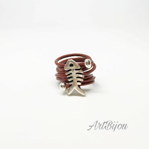 Leather Ring, Fish Ring, Zamak Ring, Adjustable, Modern Ring, Brown Leather, Women Gift, Gift Her, Gift Idea, Christmas Gift, Girl Present
