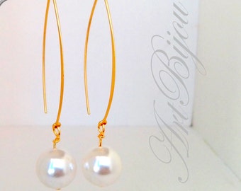 Pearl Earrings, Dangle, Gold Brass Earrings, Large Earrings, Bridal, Minimalist, Modern, Women Gift, Gift Her, Gift Idea, Christmas Gift