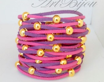 Gold Bracelet, Suede Bracelet, Golden, Pink, Purple Bracelet, Boho Chic, Modern Bracelet, Women Gift, Gift Her, Gift Idea, Christmas Gift