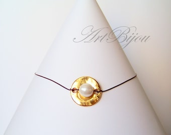 Pearl Necklace, Leather Necklace, Gold Zamak Necklace, Pearl Choker, Leather, Gold, Modern, Women Gift, Gift Her, Gift Idea, Christmas Gift