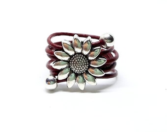 Brown Leather ring, Adjustable Ring, Sunflower Ring, Flower Ring, Modern, Leather, Women Gift, Gift Idea, Gift Her, Gift Him, Christmas Gift