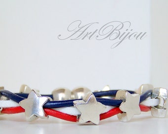 USA Bracelet, Leather Bracelet, Stars Bracelet, Zamak Bracelet, Modern, Red, Blue, White, Gift Her, Women Gift, Gift Idea, Christmas Gift