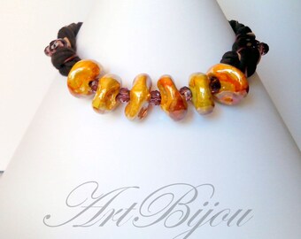 Ceramic Necklace, Crystal Necklace, Leather, Suede, Yellow, Brown, Gift Her, Women Gift, Git Idea, Boho, Christmas Gift, Valentines Gift