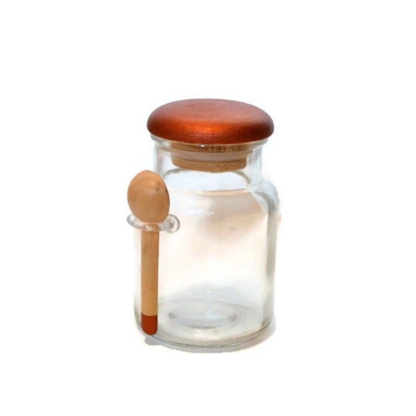 Glass Jar with Lid and Scoop, Sugar Bowl with Lid and Spoon, Copper Kitchen Accessory, Glass Jar Lid Scoop, Salt Cellar Lid Scoop, Wood Lid