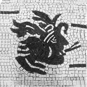 May include: Black and white mosaic tile artwork depicting a stylized abstract design. The design features a series of curved lines and shapes, creating a sense of movement and energy.